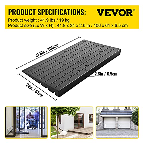 VEVOR Rubber Threshold Ramp, 2.6" Rise Threshold Ramp Doorway, 3 Channels Cord Cover Rubber