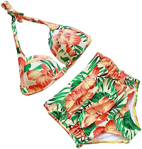 Vantina Women 2 piece Bikini Halter High Waist Carnival Swimsuit Orange Medium