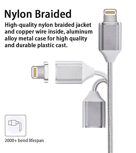 Digital Ant Gen3 Nylon Braided Super Magnetic Charging and Data Transfer Cable for i-Product. Magnetic Charging Cable or Magnetic Charging Cord for iPhone and iPad. (5 Feet-Silver-Twin Pack)