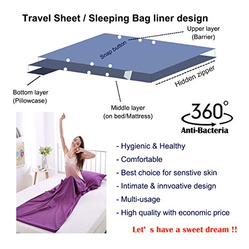 ALITA Travel Sheet Sleeping Bag Liner - 100% Pure Cotton, Breathable, Upgrade Camping Sheet - Barrier of dirts Everywhere  (Purple, Medium (120cm x 230cm)) - Thumbnail 4