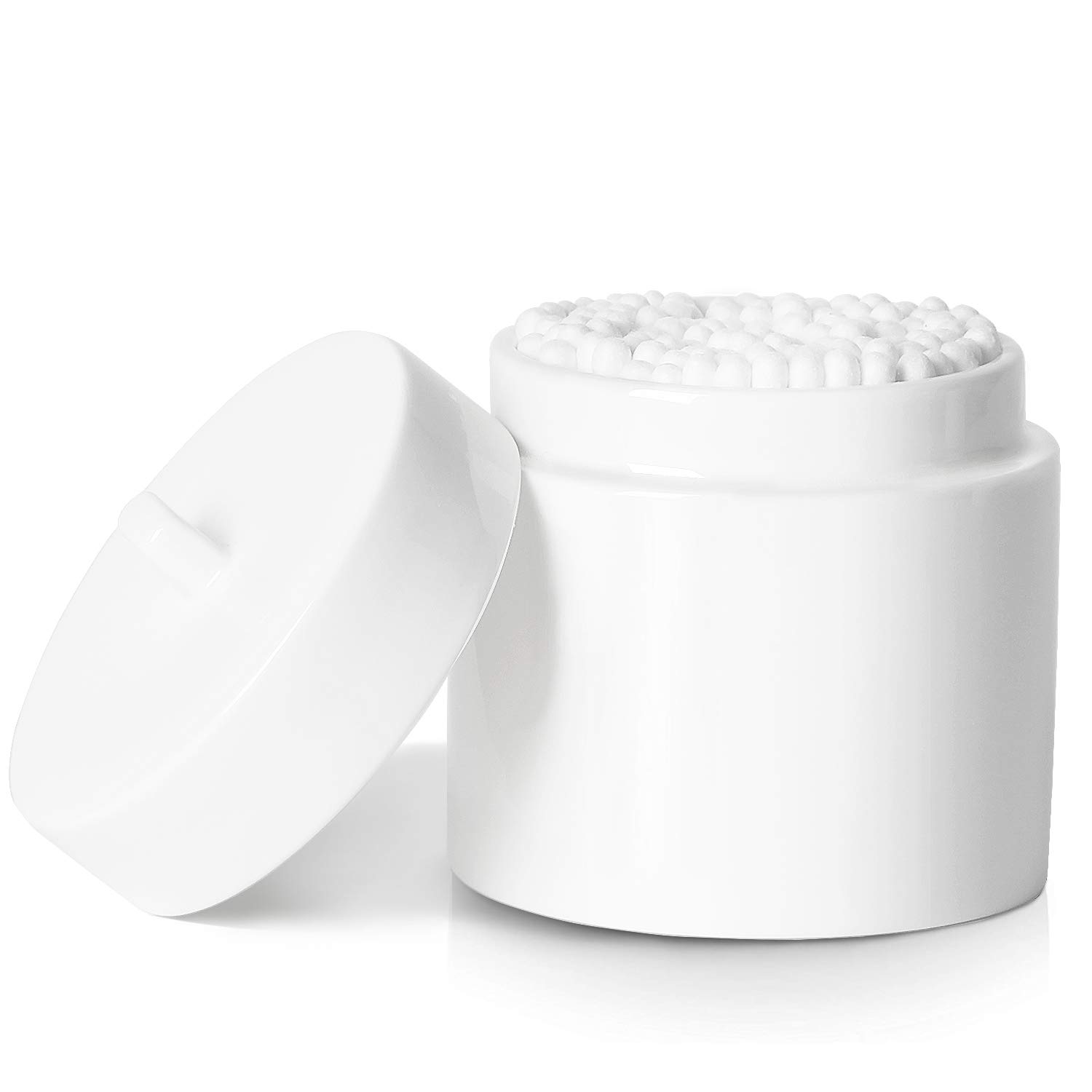 Photo 1 of LEETOYI Ceramic Cotton Swabs Holder Organizer with Lid,Storage Canisters for Cotton Swabs,Cotton Balls,Makeup Sponges, Hair Ties,Bath Salts, and Easy To Clean (White)