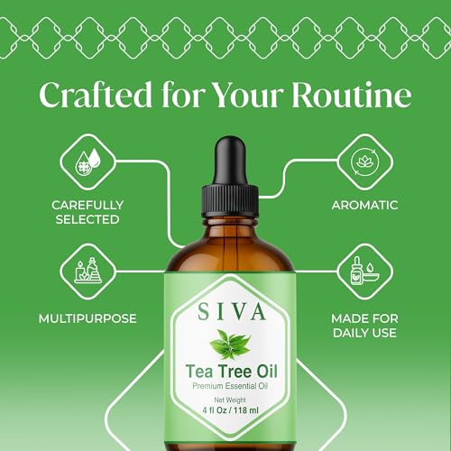 SIVA Tea Tree Essential Oil - 4 Fl Oz – Natural Tea Tree Oil - for Diffuser, Face, Skin Care, Aromatherapy, Hair Care, Scalp and Body Massage - with Dropper