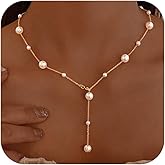 LOVPEPY Dainty Pearl Necklaces for Women 925 Sterling Silver Simple White Pearl Drop Y Long Pendant Necklace Pearls Gold Choker Necklace for Mother Bride Birthday Wedding Valentines Day Jewelry Gift