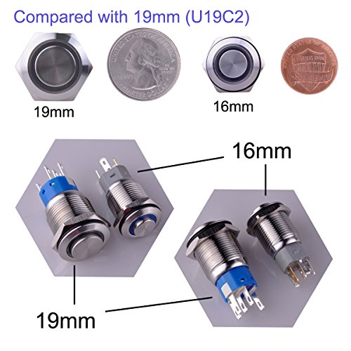 Ulincos Latching Pushbutton Switch U16F2 1NO1NC SPDT ON/OFF Silver Stainless Steel Shell with Blue LED Ring Suitable for 16mm 5/8" Mounting Hole (Blue)