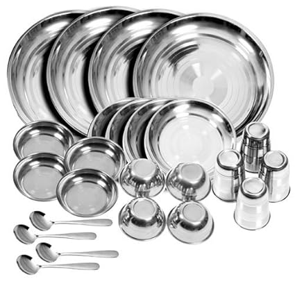Homebuddy Stainless Steel Dinner Set (Set Of 24)(Glass, Curry Bowl, Desert Bowl, Spoon, Quarter