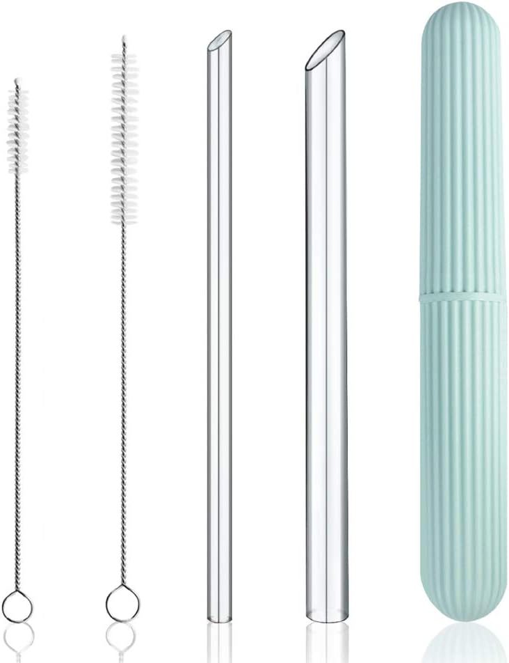 Reusable Eco-Friendly Glass Drinking Straws Set, 8-inch x 8mm / 14mm with S / M Extra Large Brushes Storage Container Travel Safe Case Box BPA Free for Smoothie Coffee Bubble Boba Tea - Clear