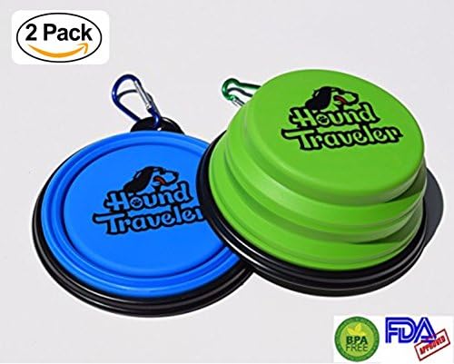 Hound Traveler 2-pack Collapsible Dog Bowl, Food Grade Silicone BPA Free FDA Approved, Foldable Expandable Cup Dish for Pet Cat Food Water Feeding Portable Travel Bowl Blue Green Yellow Free Carabiner