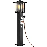 Yoenecea Outdoor Lamp Post with Outlet, Retro Outside Pole Lights for Yard, Soptted Black Aluminum Outdoor Post Light with Ri