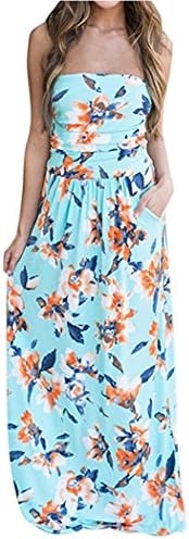 BOSSAND Women Strapless Vintage Floral Print Party Long Beach Maxi Dress with Pocket (Large, Sky Blue)