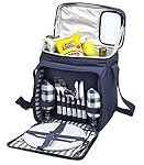Blue Insulated Picnic Basket - Lunch Tote Cooler Backpack w/ Flatware Two Place Setting