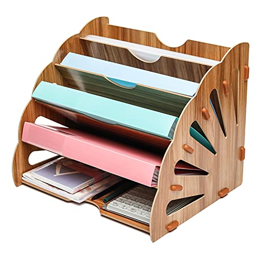 EXERZ Wooden Filing Trays, Large Wood Office Desk Stationery Expanding File Organiser Rack Tray Holder Divider for A4 Paper, Magazine, Paperwork and Document