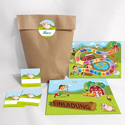 12-er Set Einladungskarten, Umschläge, Tüten, Aufkleber zum Kindergeburtstag Bauernhof-Party für Mädchen und Jungen (12 Karten + 12 Umschläge + 12 Party-Tüten (Kreuzbodenbeutel) + 12 Aufkleber)