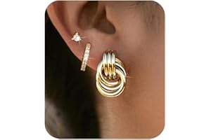 PANSHI 3Pairs Gold Earrings Set for Women Teens Trendy Chunky Gold Silver Knot Dangle Hoop Stud Huggie Earrings Jewelry Gifts