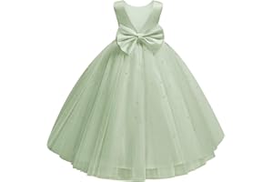 Dypaha Flower Girl Dress for Wedding Pearls Tulle Dress Kids Princess Communion Pageant Ankle Length Dresses with Bow-Knot