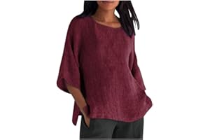 FAVIPT Linen Tops For Women Boho Summer 3/4 Sleeve Crewneck Blouses Tunics Loose Fit Plus Size Soft Tee Shirts 2024 Fashion