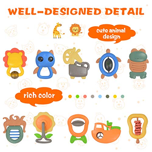 Akamino Rattle Toys, 10pcs Baby Rattles Teether Set with Vibrant Color and Various Shapes BPA Free Early Educational Toys for 3, 6, 9, 12 Month Infant, Toddler, Boy, Girl