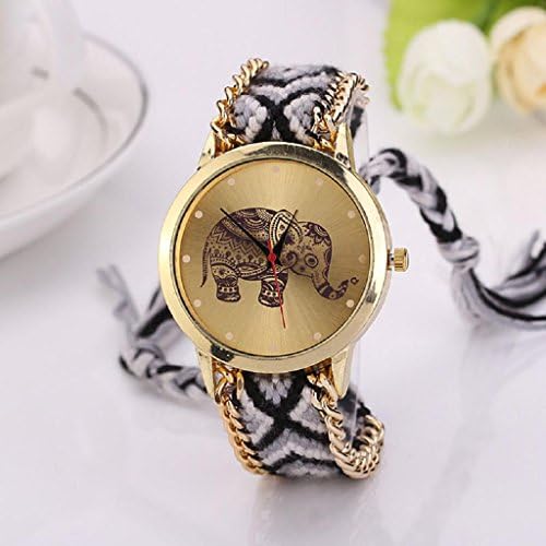 Women Elephant Pattern Weaved Rope Band,Ninasill Bracelet Quartz Dial Wrist Watch Black