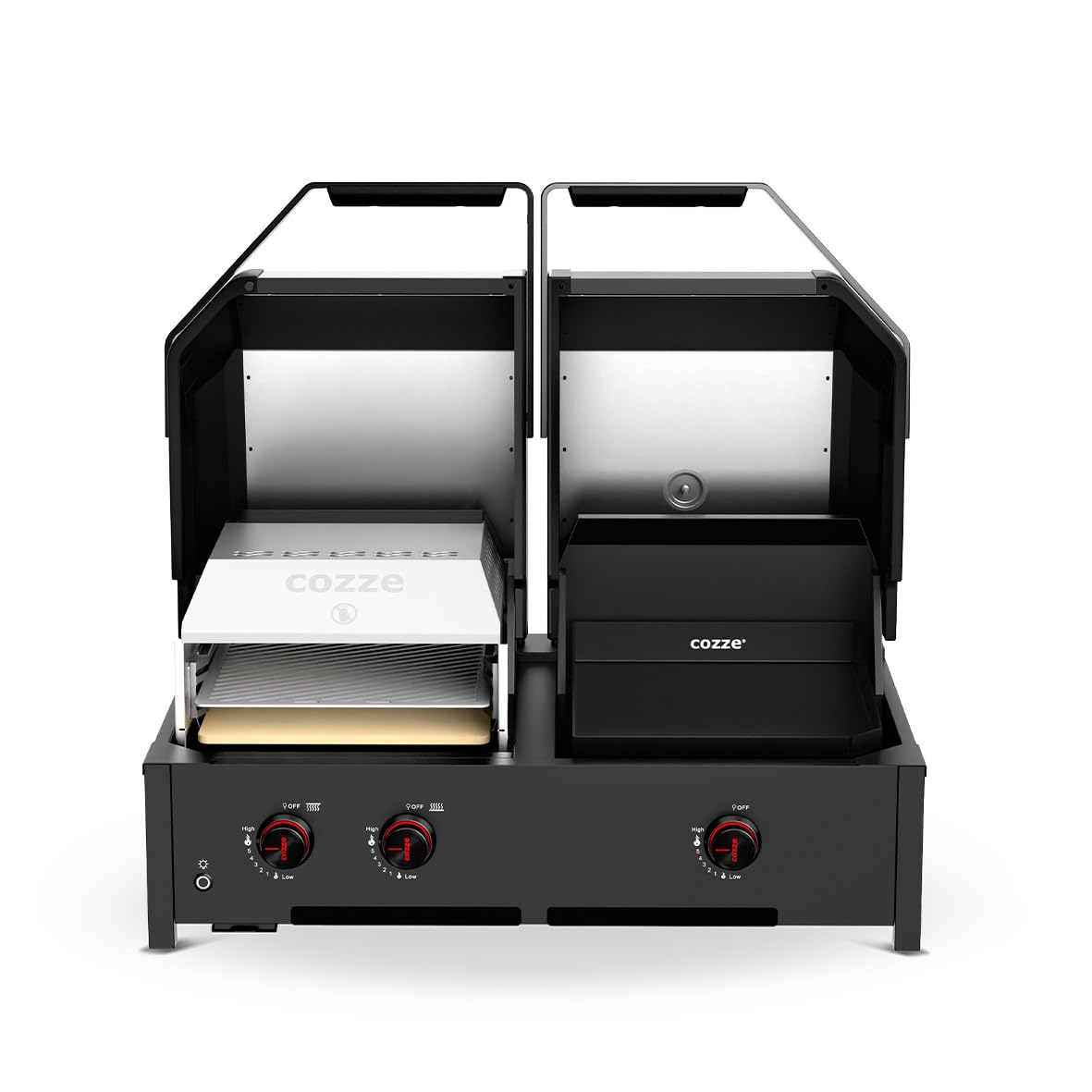 Cozze® Quattro 900 4-in-1 Gasgrill Station: Pizzaofen, Plancha, Grill & 800°C Steakzone – Inkl. Pizzastein & Gusseisenplatte mit 3 Brenner + Infrarot (13 kW)
