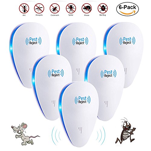 Ultrasonic Pest Repeller 6 Pack Electronic Pest Control Repellent Reject Plug In for Insect by, Mouse, Rats, Spiders, Fleas, Roaches, Bed Bugs, Mosquitoes, Eco-Friendly, Human & Pet Safe