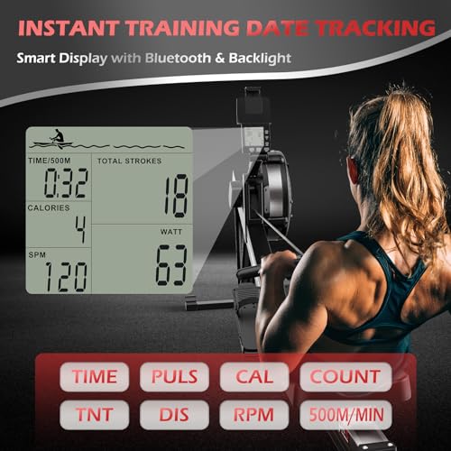 PASYOU Rowing Machine for Home Use - Commercial-Grade Rower Machine Foldable Air Rowing Machine with 10-Level Resistance, Bluetooth Backlit Monitor, Adjustable-Angle Device Holder - 350LBS Load
