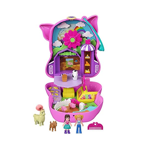 Polly-Pocket-ON-THE-FARM-Piggy-Compact Polly Pocket GTN16 On the Farm Piggy Compact, Farm Theme, 2 Animal Figures (1 Alpaca with Hair), Great Gift for Ages 4…