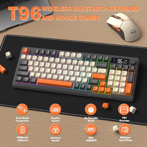FREEWOLF T96 Wireless Keyboard and Mouse Combo, Retro, BT & 2.4G Modes, PBT Keycaps, Media Knob, Display Screen, Silent Keys, 26-Key Anti-ghosting, American QWERTY, for Mac/Windows/Linux