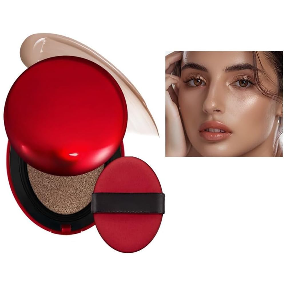Cushion Foundation, Semi-Matte Finish 72-Hour Foundation Full Coverage Sun Protection, Waterproof, Clear Makeup Red+Shell+Air Focuses on Keeping The Coverage Great,18g
