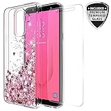 Samsung Galaxy J8 2018 Case with Tempered Glass Screen Protector, Rosebono Quicksand Glitter Sparkly Bling Liquid Shiny Clear Soft TPU Bumper Protective Cover for Samsung J8 (Pink)