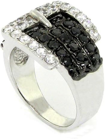 Alljoy Sterling Silver Charming Buckle Cocktail Ring w/Black & White CZs