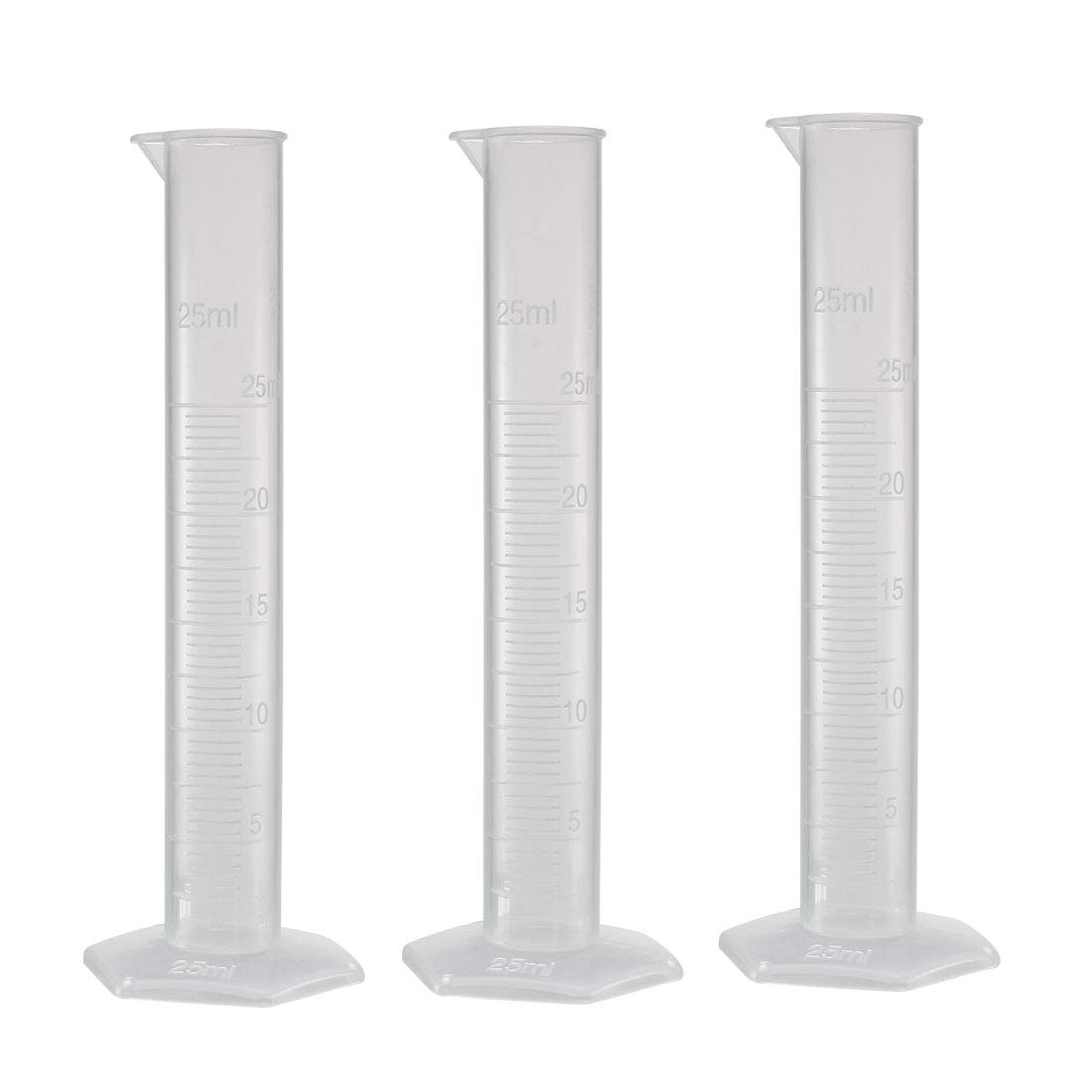 sourcing map Plastic Graduated Cylinder, 25ml Measuring Cylinder, Science Test Tube Beakers, Single Metric Scale, Clear Hex Base Flask for Lab Home 3pcs