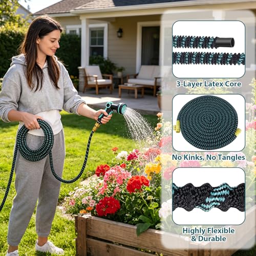 Manguera Jardin Extensible 30M, Mangeras Jardineria Flexible con Pistola de 10 Funciones, Conectores Metálicos 1/2" y 3/4", Garden Hose para Riego, Terraza y Lavado de Coche