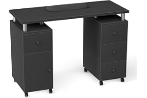 DeerDean Black Manicure Table Nail Desk Station Portable Nail Table for Nail Tech with Drawers & Cabinets & Wrist Cushion for Home Beauty Spa