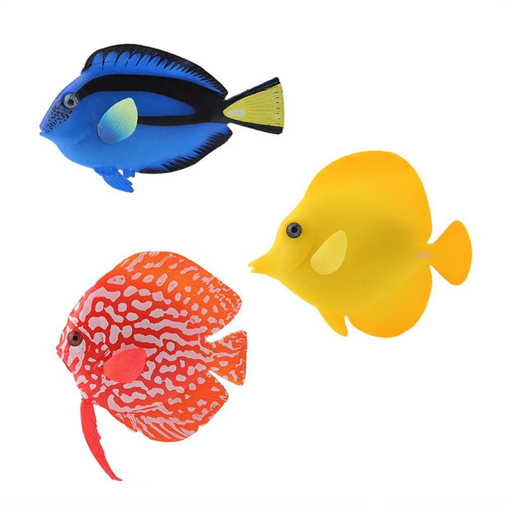CENPEK 3Pcs Artificial Silicone Tropical Fish Lifelike Fish Luminous Artificial Moving Fish Tank Decorations Animals for Fish Tank Decoration, Aquarium Landscape, Red, Blue, Yellow