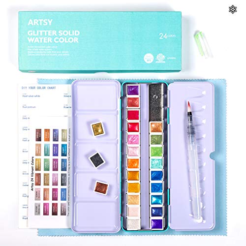 Artsy Artist Grade Watercolor Paint Set 24 Glitter Colors and Water
