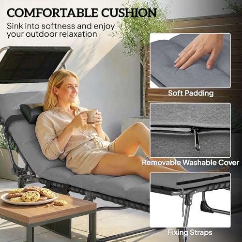 Outsunny Outdoor Chaise Lounge Chairs, 2 PCS Folding Lounge Chairs with Adjustable 5-Position, Cushion, Canopy, Side Pocket, Headrest, Sun Lounger for Patio, Beach, Light Grey
