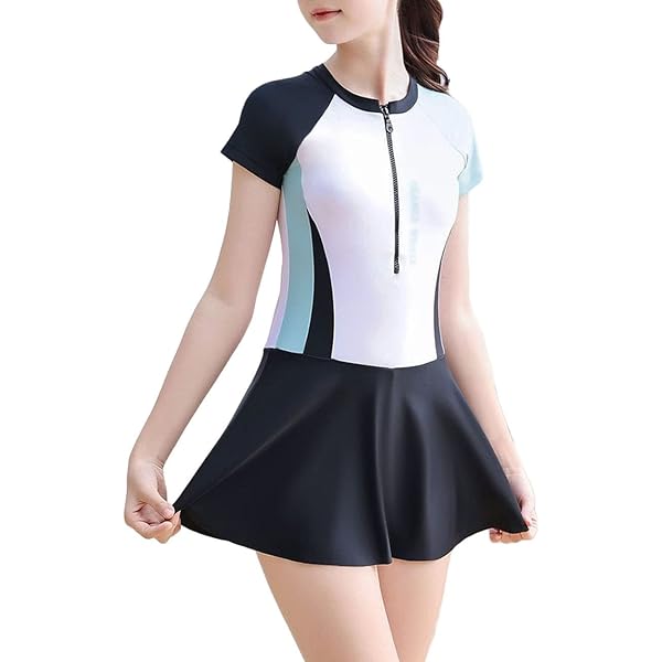 Women's Short Sleeve Rash Guard Swimsuit Patterned Zipper Two Piece Bathing Swimwear Black