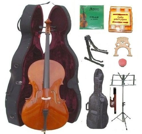 Merano 4/4 Size Natural Cello with Hard Case + Soft Carrying Bag+bow+rosin+extra Set of Strings+extra Bridge+pitch Pipe+black Cello Stand+music Stand