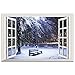 DNVEN Snow Winter Bench False Faux Window Frame Window Mural 3D Full Color High Definition Vinyl Bedroom Living Room Playroom Wall Decals Stickers 24 inches x 16 inches