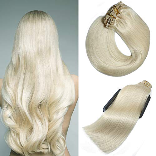 Aison 10 pcs 220g per package Clip in Human Hair Extensions 22 inch Platinum Blonde/lightest Blonde Thicken Double Weft 100% Remy Human Hair Super Real 9A grade Quality Silky Straight For Full Head