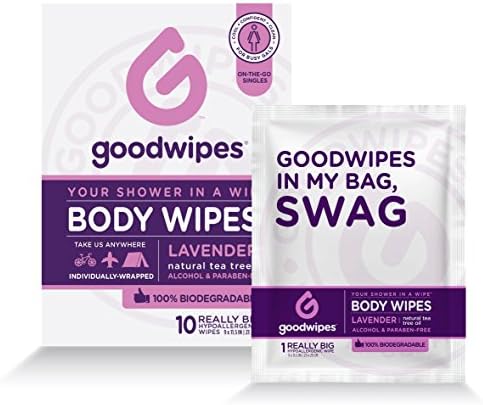GoodWipes Women's Deodorizing Body Biodegradable Wipes, Lavender, with Naturally Soothing Tea Tree and Aloe, Hypoallergenic for Travel, Never Sticky, No Residue, No dry Skin 1 Pack of 10 Wipes