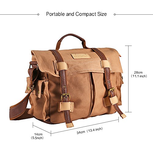 Canvas Leather DSLR SLR Vintage Shoulder Camera Messenger Bag Outdoor Travel Photography Bag Gadget Organizer with Shockproof Insert & iPad Magazine Pocket for Sony Canon Nikon (Large Brown)