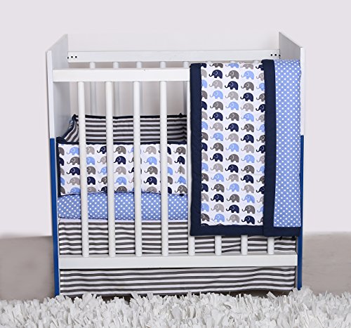 Bacati Elephants 3-Piece Portable Crib Bedding Set, Blue/Grey