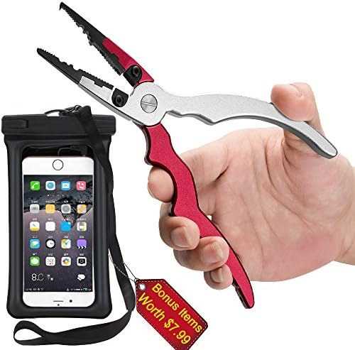 Aluminum Fishing Pliers Braid Cutters Split Ring Pliers Hook Remover Fish Holder with Sheath and Lanyard blue (Red)