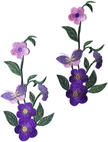 Two Flower with Butterfly Iron on Embroidered Appliques Fabric Motifs, Craft, Sewing, Embroidery Patches,Embroidered Lace Fabric Ribbon Trim Neckline Collar (Purple)