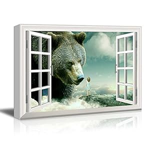 Window View Mystical Style Gigantic Bear with Little Girl