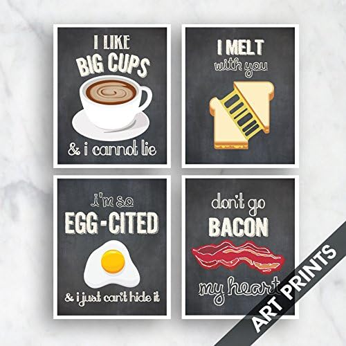 Big Cups, I Melt, Egg-Cited, Bacon my Heart (Funny Kitchen Song Series) Set of 4 5x7 inch Unframed Art Prints (Featured color Vintage Chalkboard) Kitchen Art