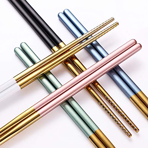 Chopsticks Reusable 5 Pairs with Travel Bag Metal Chopsticks Dishwasher Safe Stainless Steel Colorful Chopsticks Set 21cm Long for Eating (Gold) - Thumbnail 2