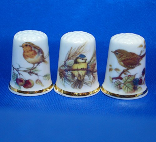 Porcelain China Collectable - Set of Three Thimbles - Garden Birds