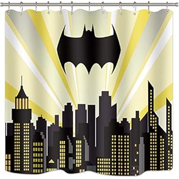 Riyidecor Superhero Batman Cityscape Shower Curtain Panel Night Buildings Scene City Cartoon Skyline Movie Kid Home Bathroom Decor Fabric Polyester Waterproof 72x72 Inch Include 12 Pack Plastic Hooks