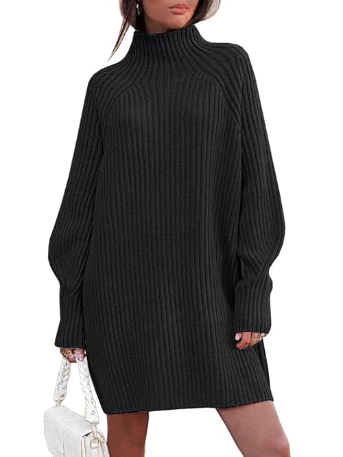 LILLUSORY Sweater Dresses for Women 2025 Fall Fashion Mock Neck Long Lantern Sleeve Oversized Outfits Knit Tops Clothes Black S